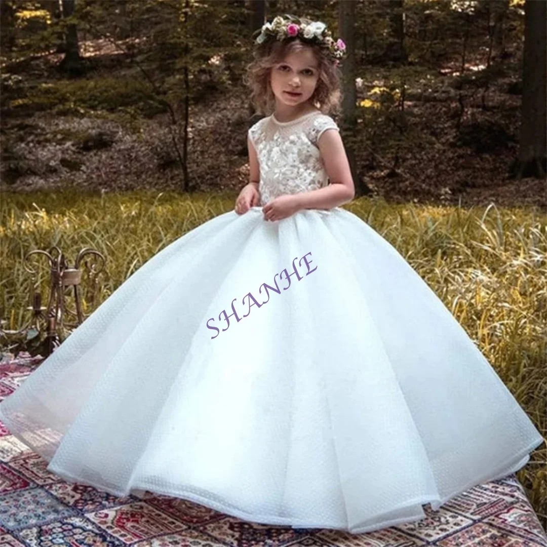 Maßgeschneidertes Prinzessin-Applikations-ärmelloses Erstkommunionkleid, bodenlang, A-Linie, langer Ball, Hochzeit, Blumenmädchenkleid, individuell gestaltet