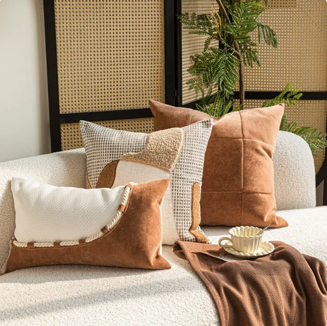 Wabi-Sabi Style Cotton-Linen Throw Pillow in Coffee & Off-White, Premium Sofa Back Cushion for Living Room, High-End Hotel, Home