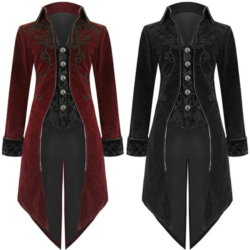 

Medieval Costume Court Lapel Buckled Tuxedo Dinner Jacket Men Steampunk Slim Coat Magician Cosplay Halloween Carnival Suit S-3XL
