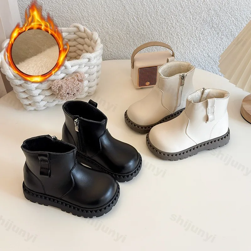 

Детские ботильоны, модные зимние новые короткие кожаные ботинки для девочек 2025 года, элегантная плюшевая обувь принцессы, детские повседневные ботинки на платформе
