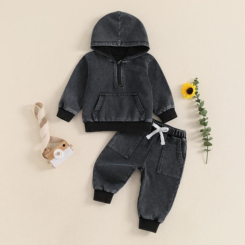 Baby Boys Denim Pant Sets Long Sleeve Hoodie with Elastic Waist Sweatpants 2 piece Outfit Boys Fall Clothes Streetwear