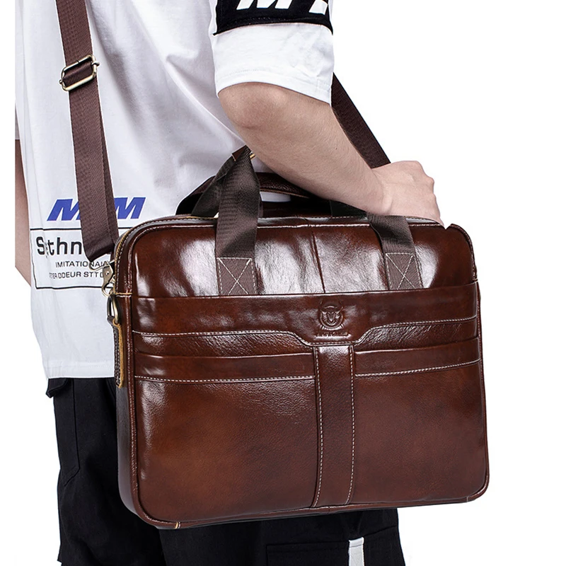 Top Layer Cowhide Genuine Leather Briefcase Men's Office Computer Laptop Shoulder Business Messenger Crossbody Side Portable Bag