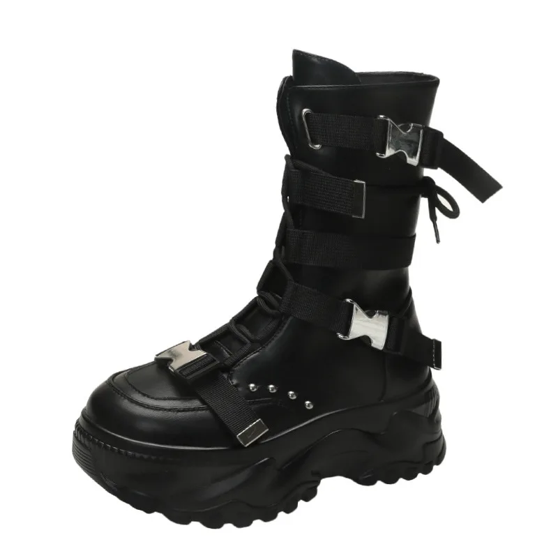 Trend Punk Wind Locomotive Boots Womens Winter New Niche Design Sense Thick Bottom Heightening Fashion Boots Medium Tube Boots - view 5