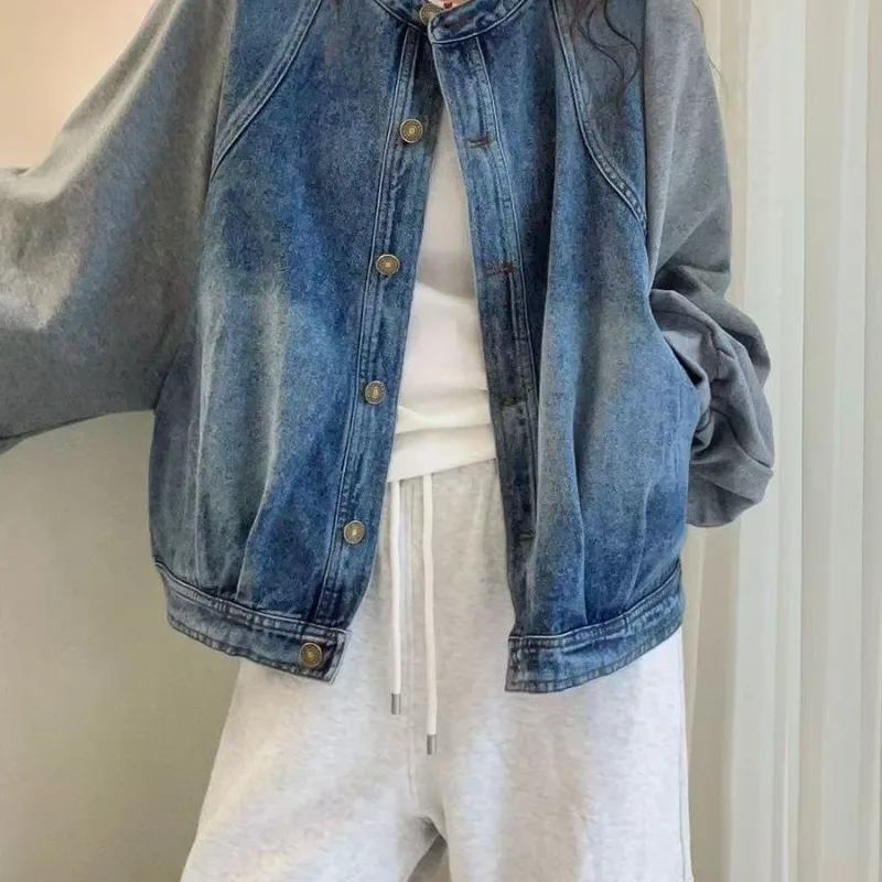 2026 Spliced Denim Coat Women's Oversize Loose Short Jean Jacket Spring Autumn Batwing-sleeve Casual Top Patchwork Chaqueta Coat