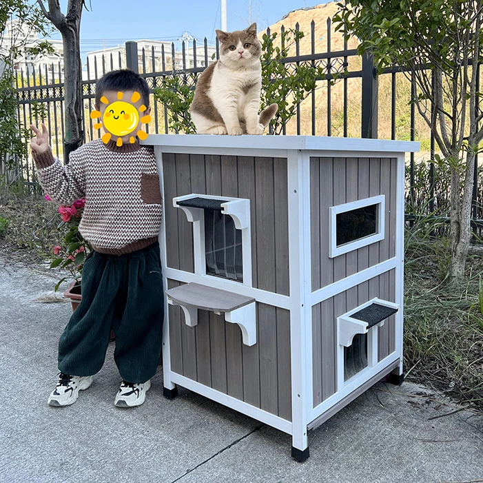 The product can be customized.Cat Den House Outdoor Solid Wood Double Storey Luxury Cat Villa Rainproof Indoor