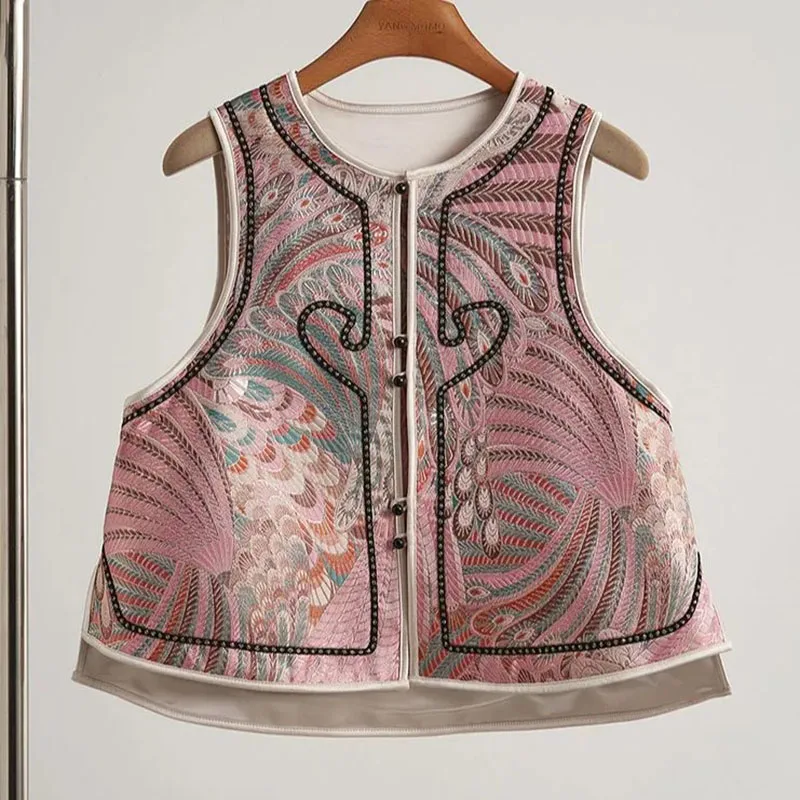 

Женский новый китайский ретро-вышивка Guofeng, парчовый жилет для тяжелой промышленности, круглый вырез, удобный уникальный жилет на пуговицах, пальто