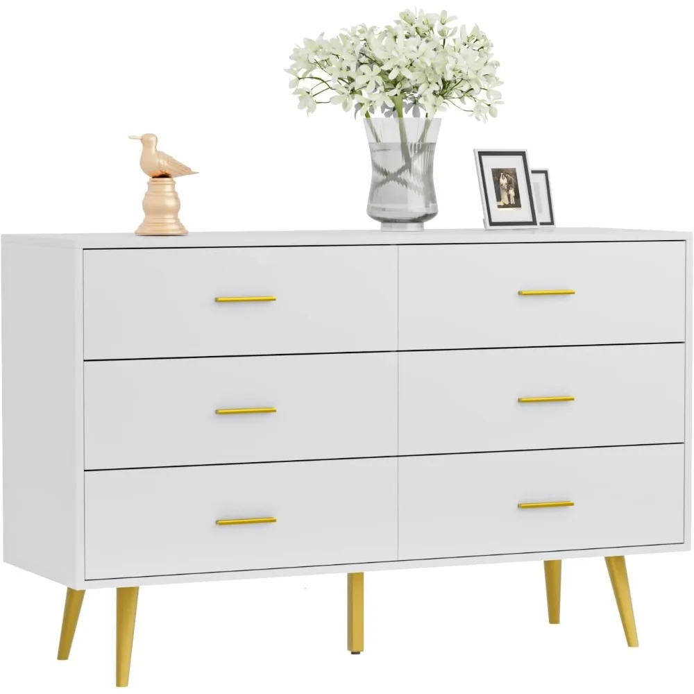 Cômoda branca CARPETNAL para quarto, cômoda com 6 gavetas com gavetas largas e puxadores de metal dourado, cômodas de madeira e cômoda de corredor