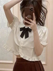 QWEEK Kawaii Sweet Lolita Style Blouses Women Japanese JK White Shirts Girls Cute Ruffles Short Puff Sleeve Top Button Up Trendy