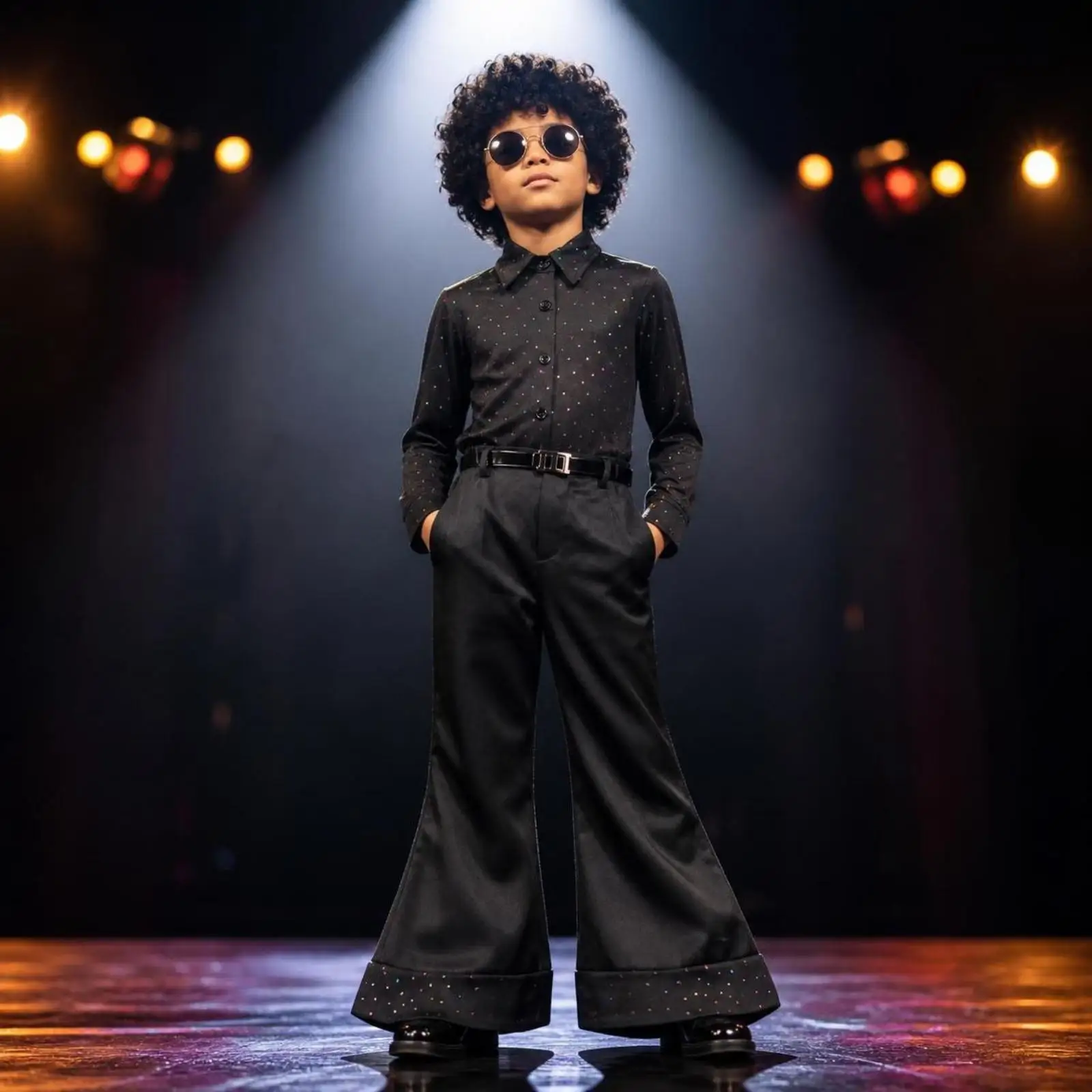 男性用ディスココスチュームセット（ヴィンテージプリントシャツ、黒のフレアパンツ、ヘアピース、丸メガネ付き）パーティー用
