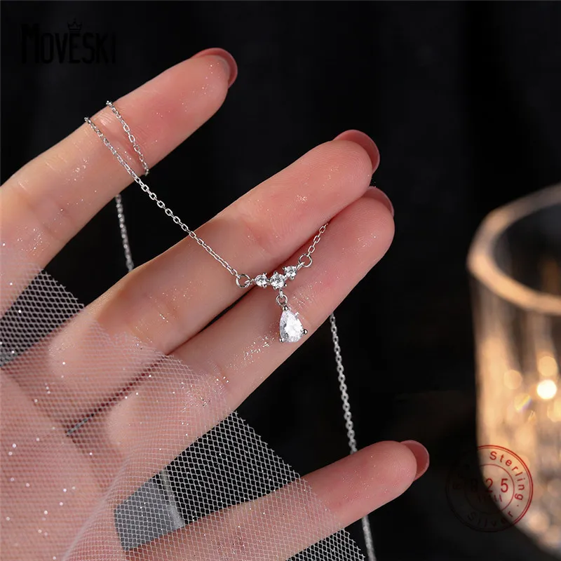 MOVESKI 925 Sterling Silver European Exquisite Water Drop Zircon Pendant Necklace Women High Quality Birthday Jewelry Gift