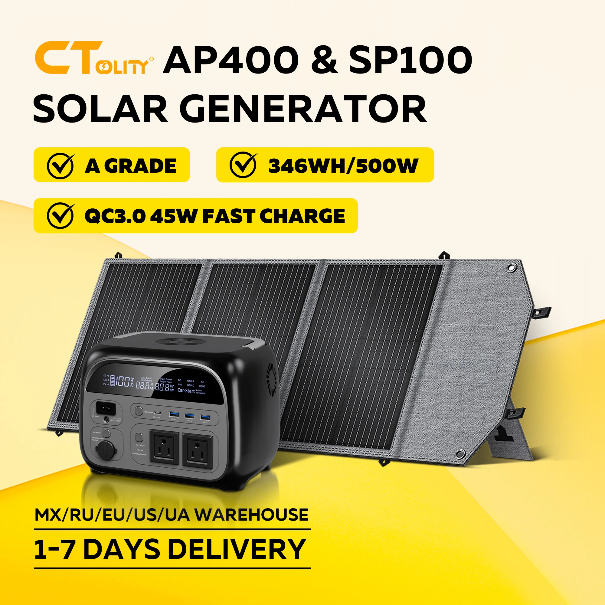 CTOLITY Solar Generator AP400 346Wh 500W Portable Power Station & SP100 100W 20.5V Foldable Solar Panel 12V PWM LiFePO4 Battery