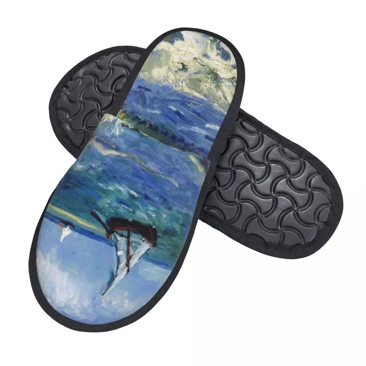 Custom Vincent Van Gogh Memory Foam Slippers Women Comfy Warm Beach at Scheveningen in Stormy Weather House Slippers