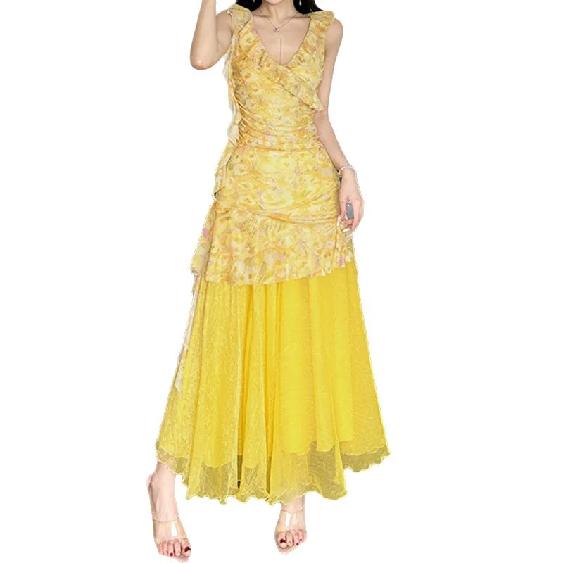 „Zeyla 2025 Sommer-Sommerkleid mit Blumenmuster für Damen, V-Ausschnitt, Rüschen, durchsichtiges Maxikleid, gelbes Strandurlaub-Outfit“