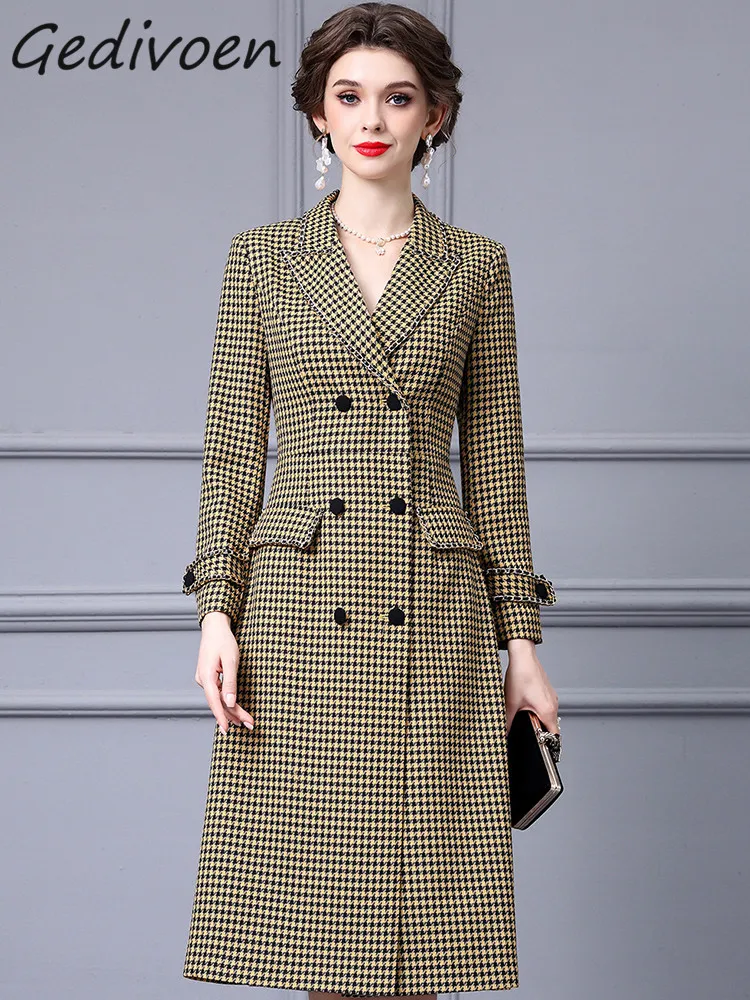 Gedivoen Winter Fashion Runway Vintage Thousand Bird Plaid Blends Coat Women's Lapel Button Pockets Slim A-LINE Long Blends Coat