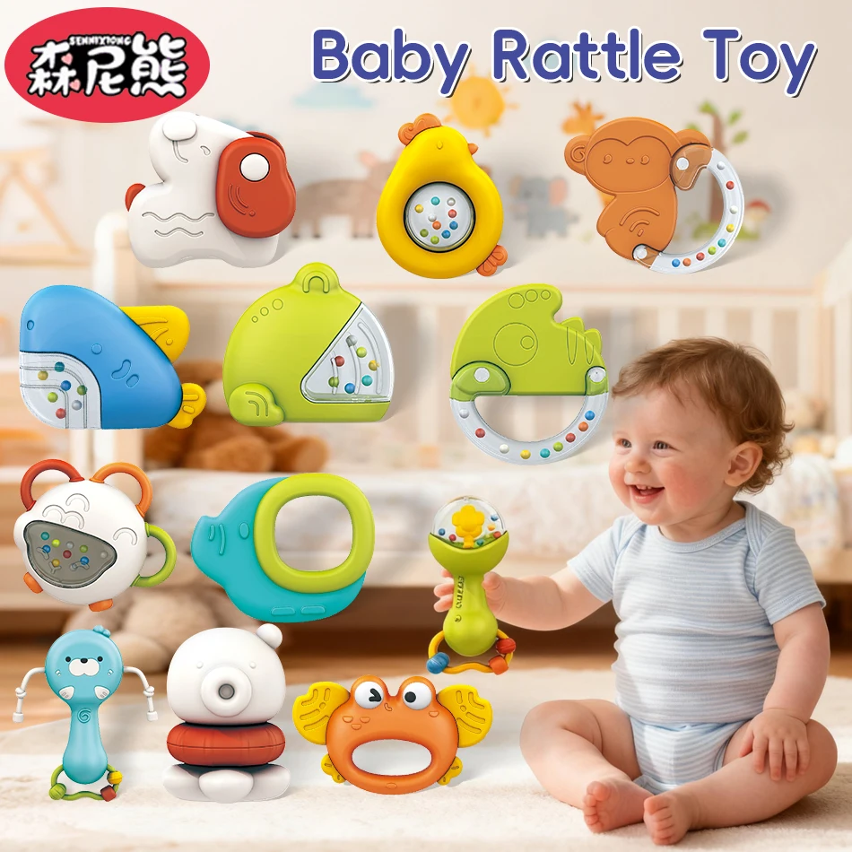 Sennixiong chocalhos de desenho animado para bebês, polvo, elefante, caranguejo, mordedor sensorial infantil, brinquedo montessori para crianças, presente para crianças pequenas