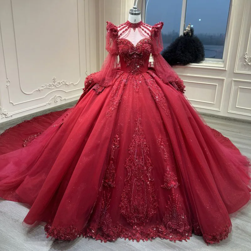 

2024 new burgundy round-neck long-sleeved design bow trailing wedding dress