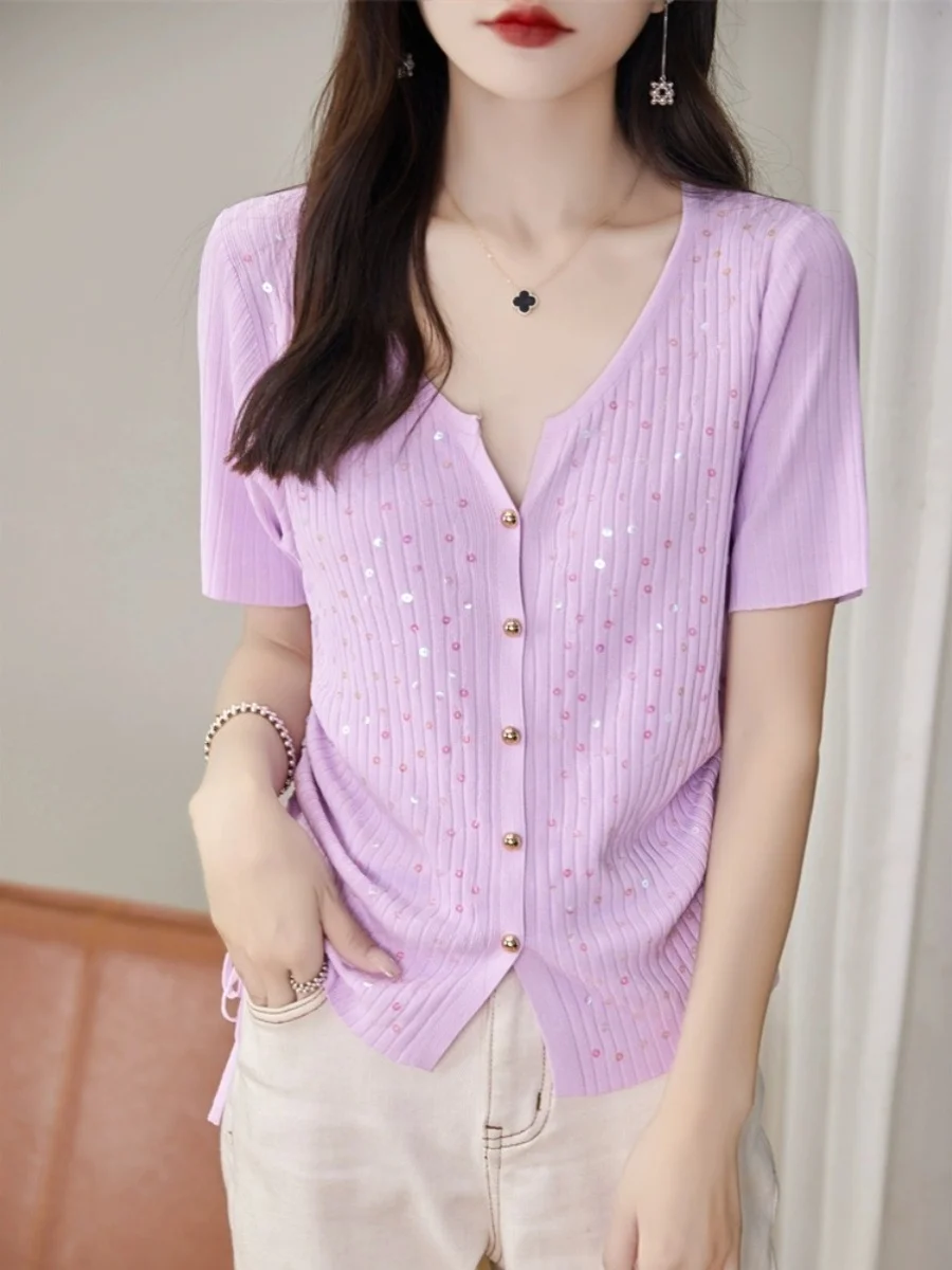 V-Ne Sottile Maglione Lavorato A Maglia di Seta del Ghiaccio Ortap delle Donne 2024 Nuovo Caldo di Estate Lavorato A Maglia Aperto Cardigan Top con Paillettes