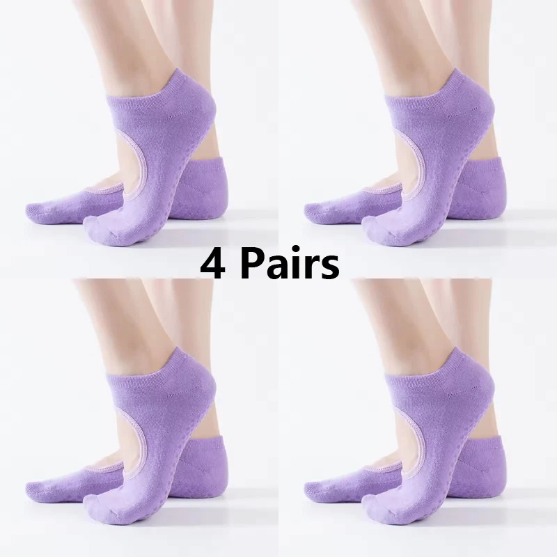 4 Pairs Anti Slip Yoga Socks Women Sports Breathable Pilates Socks Cotton Ballet Heel Protector Dance Socks Slippers