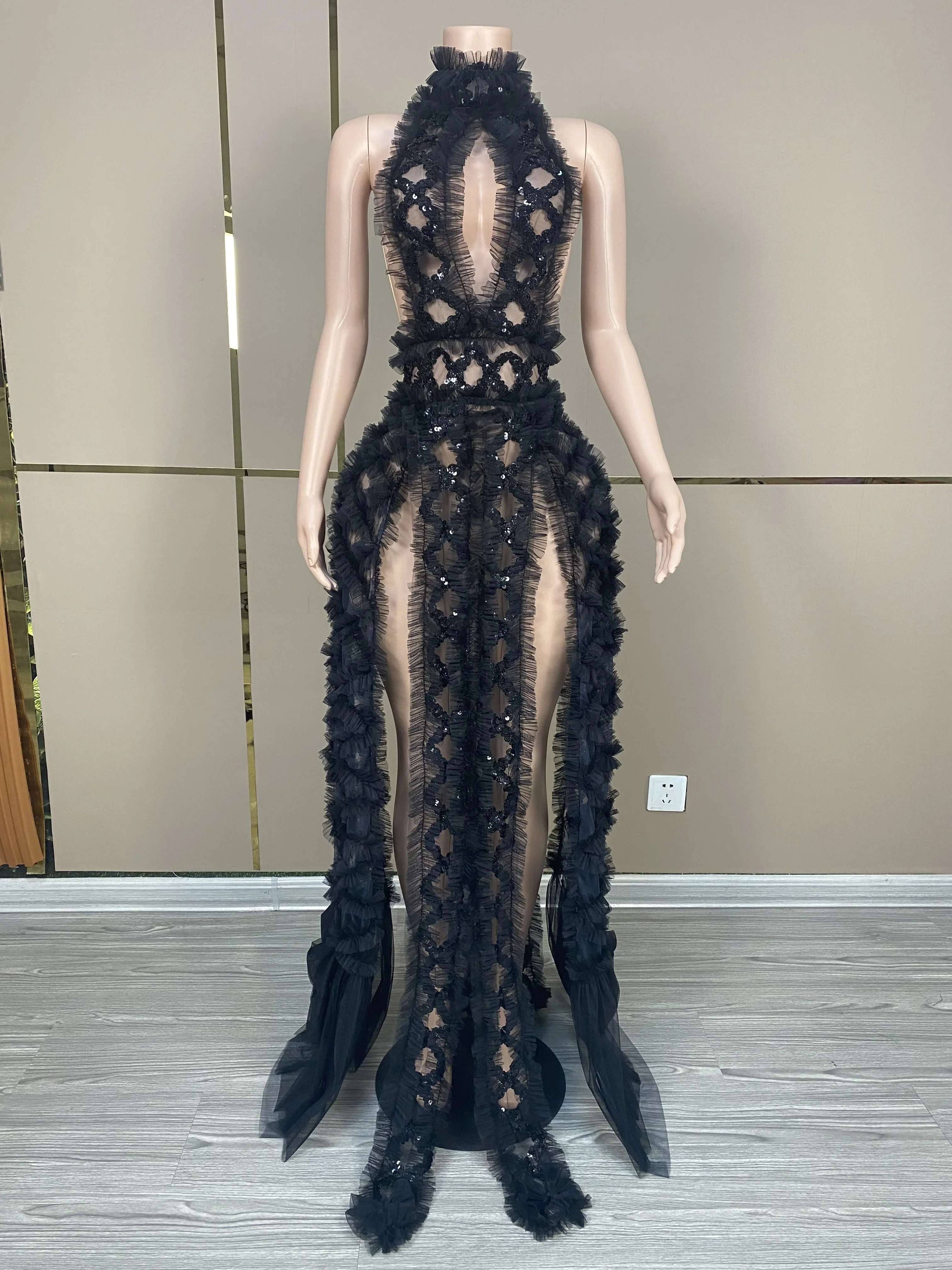 Vestido transparente con Espalda descubierta, traje Sexy de malla negra y roja, traje de actuación para fiesta de cumpleaños y concierto