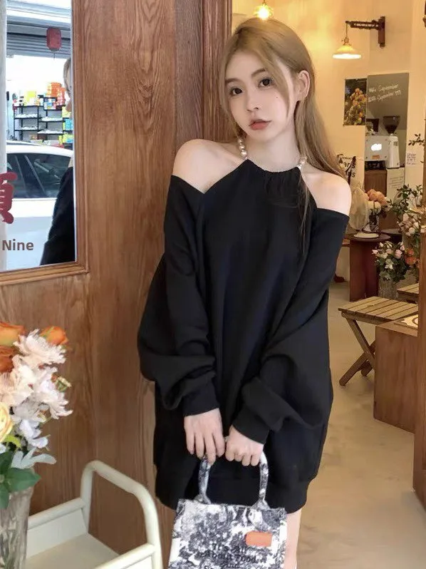 

plus Size Pearl Chain Shoulder Bared Long Sleeve Sweatshirt Women's Spring Summer Loose Casual Top for Heavy Women