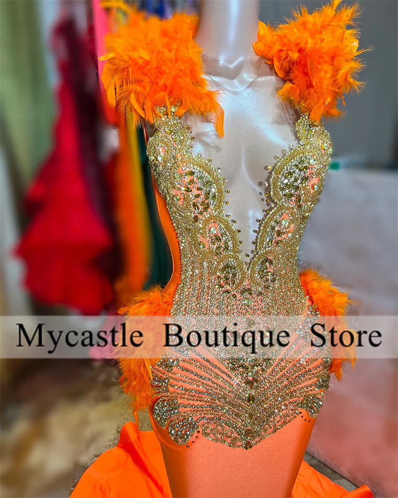 Orange Feathers Beaded Prom Dress For Black Girls 2024 With Gold Crystals Rhinestones Mermaid Birthday Party Gown Robe De Soirée