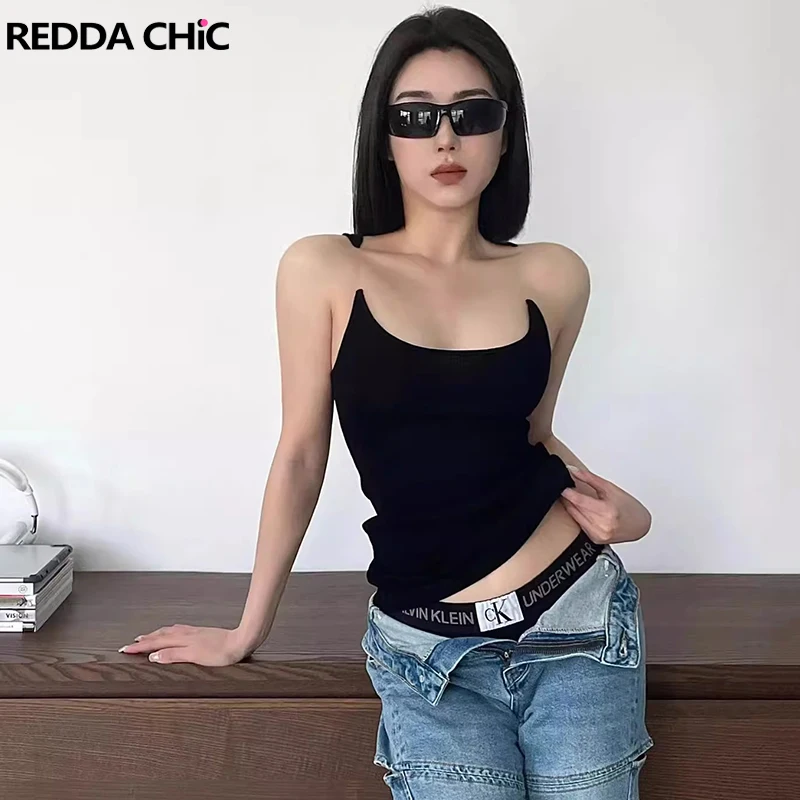 ReddaChic Invisible Straps Rib Knit Top Women Casual Black Solid Slim Stretchy Racerback Camisole Sleeveless Vest Summer Clothes