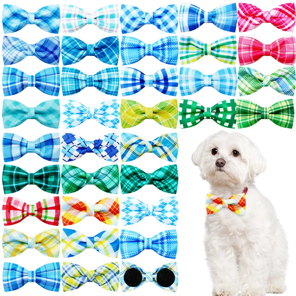 New 50PCS Plaid Stye Dog Bow Tie For Collar Removable Small Dog Cat Bowties Collar Accessories Fashion Pet Bowknot Pet Grooming