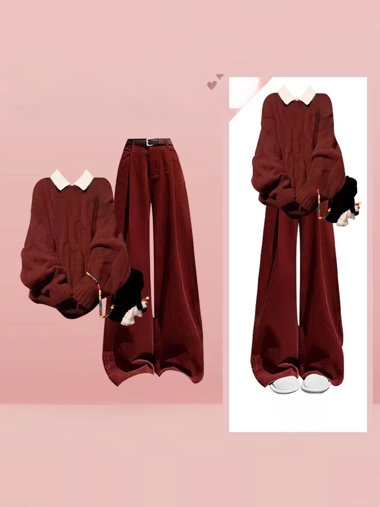 

Autumn Winter College Sle Knitted Sweater irt Women High Waist Slim Straight Leg Pants Tee Piece Set Faionable Workwear