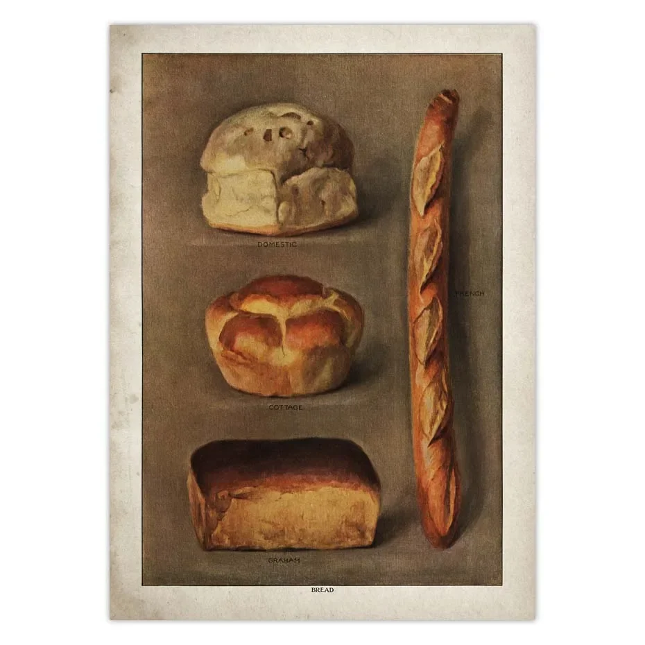 Vintage Bread Food Poster Kitchen Bakery Grocer Baked Bread Loaves Illustration Wall Art French Antique Canvas Print Picture
