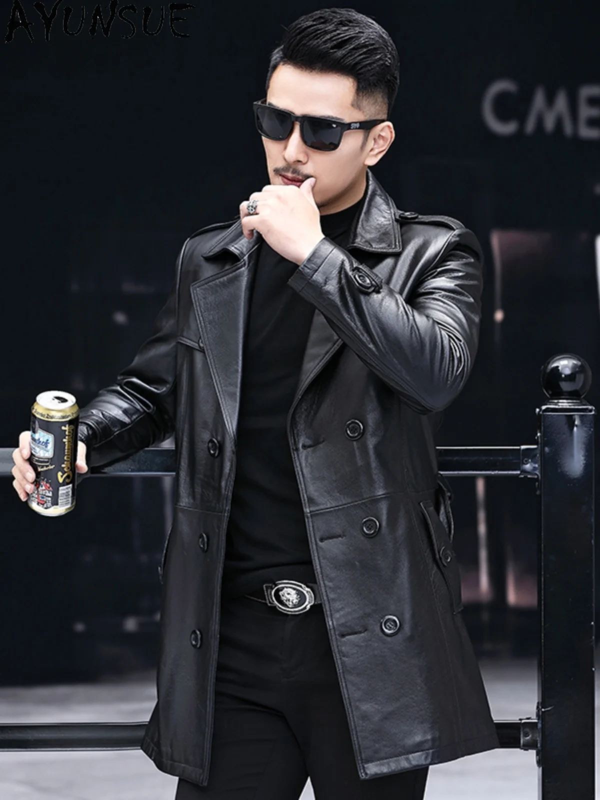 AYUNSUE 100% Genuine Leather Jacket Man Mid-length Slim-fit Top Layer Cowhide Leather Coat Fashion Motorcycle Clothing Abrigos