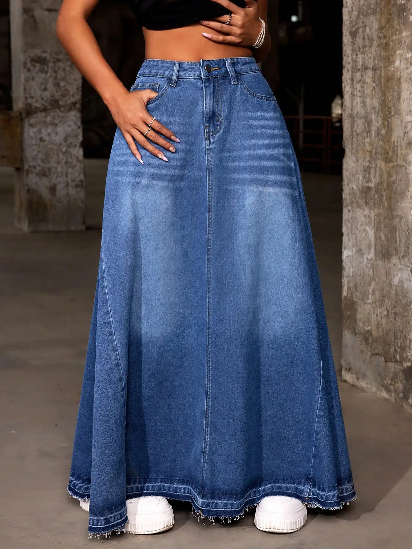 レディース ルーズフィット ロングデニムスカート ポケット付き フレイドヘム