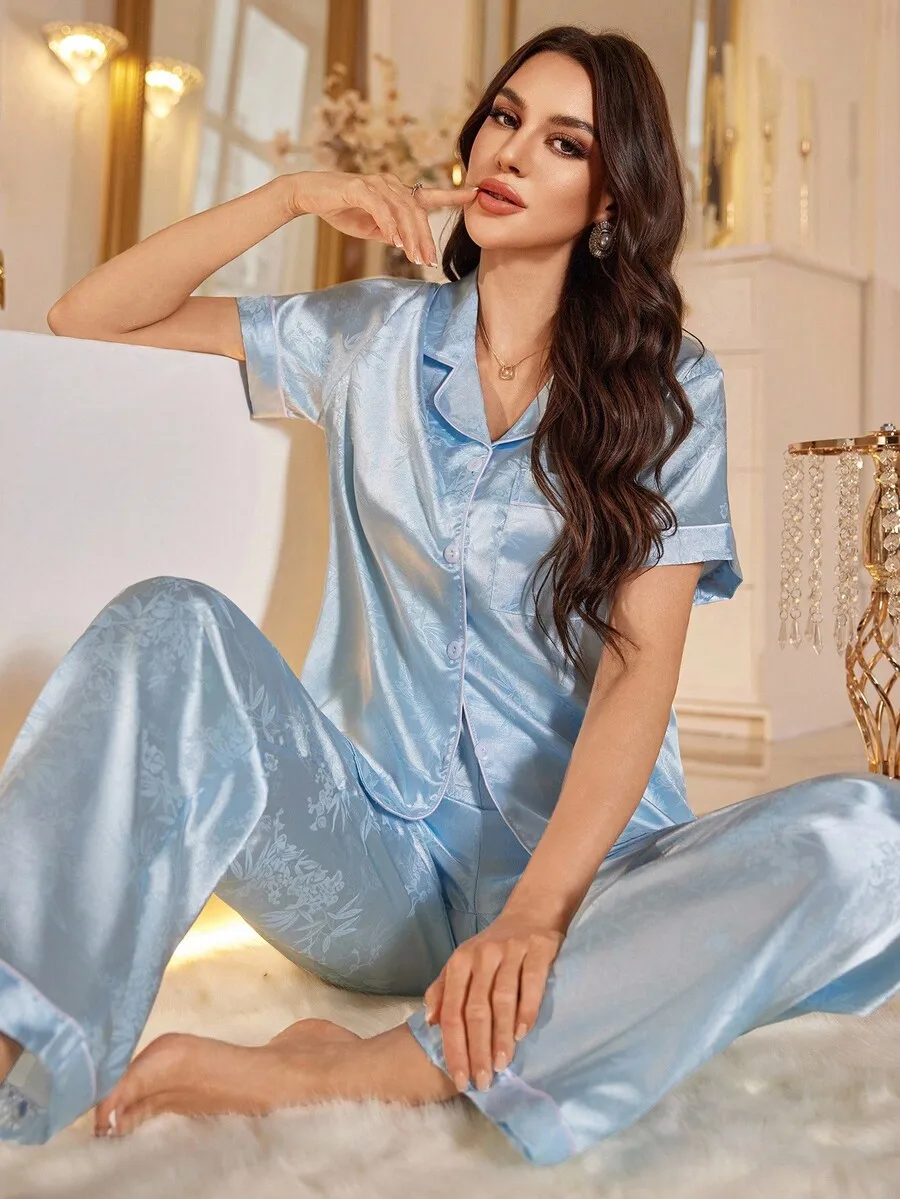 Elegant Blue Satin Jacquard Short Sleeve Collared Pajama Set For Women