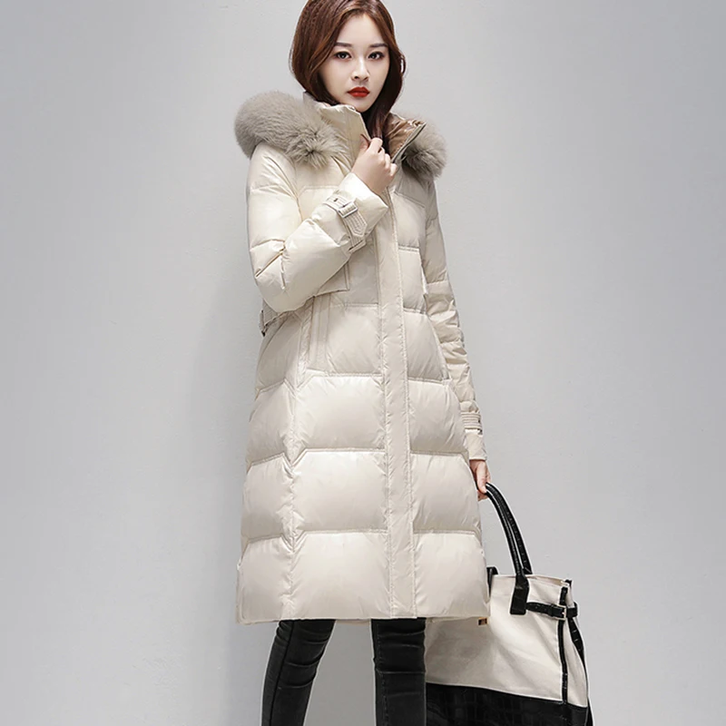 New Winter Woman Cold Down Jacket Long Hooded Parker Overcoat Female Thick Loose Large Fur Collar 90% White Duck Down Outerwear