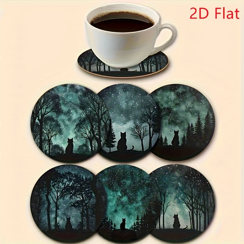 Playful Midnight 2D Woods Dark Feline Motif Wooden Cup Mat Featherweight Heat-Proof Skid-Resistant Workplace Household Decor