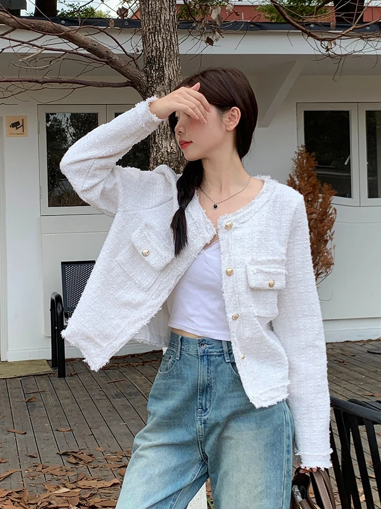 Giacca casual francese in tweed da donna elegante o collo manica lunga slim cappotto corto vintage autunno inverno dolce top monopetto femminile