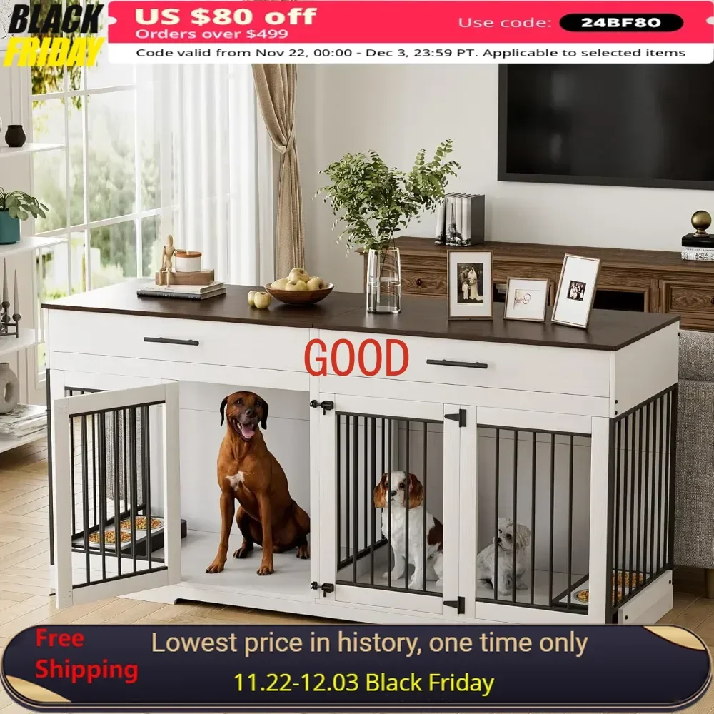 Móveis para caixa de cachorro, canil grande de madeira para cães de 72,05 polegadas com 2 gavetas e tigelas para cães, gaiola para cães com portas duplas e divisórias