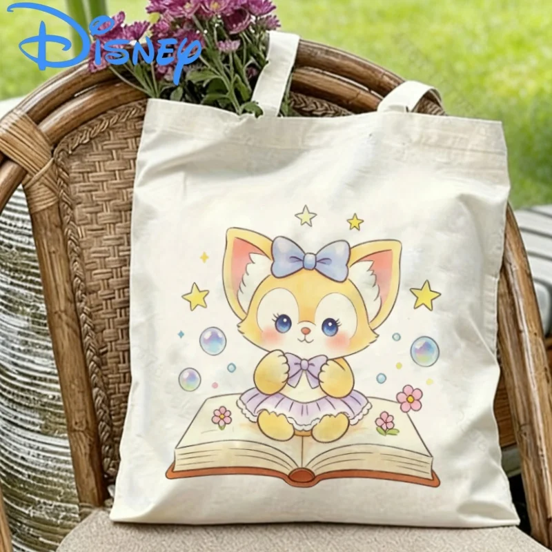 

1PC Disney LinaBell Fox Sitting on Magic Book Print Double-sided Canvas Bag Eco Reusable Shoulder Bag