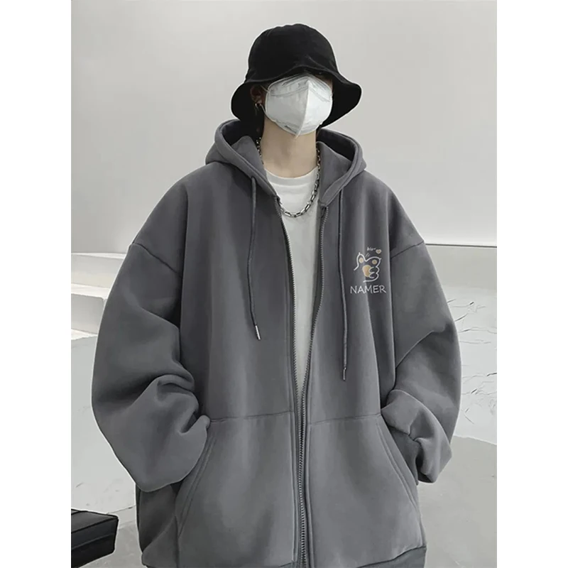 

Мужской утепленный флисовый кардиган с капюшоном, свободный крой, повседневная верхняя одежда для осени и зимы, модный уличный стиль