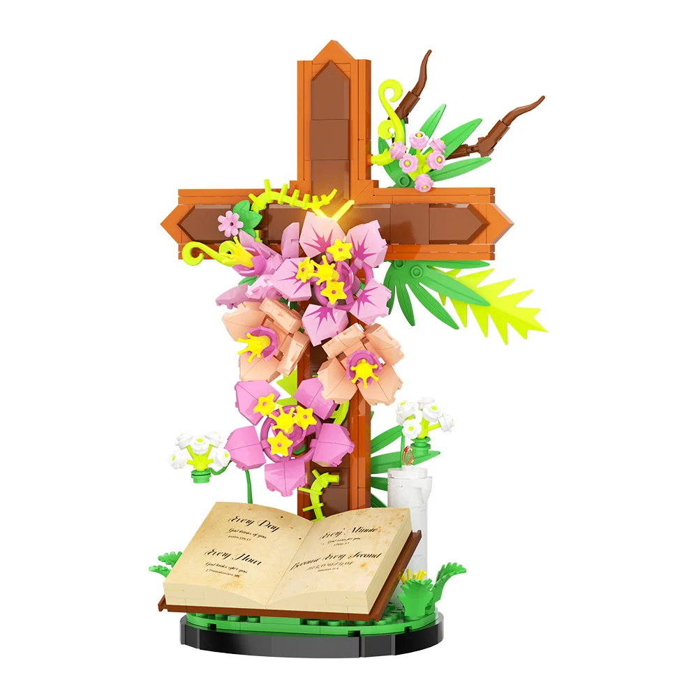 Gobricks MOC Cristianesimo Croce Bouquet di fiori Building Blocks Bibbia sacra Fiori di tulipano Pianta Mattoni Modello Giocattoli Per bambini Regali fai da te