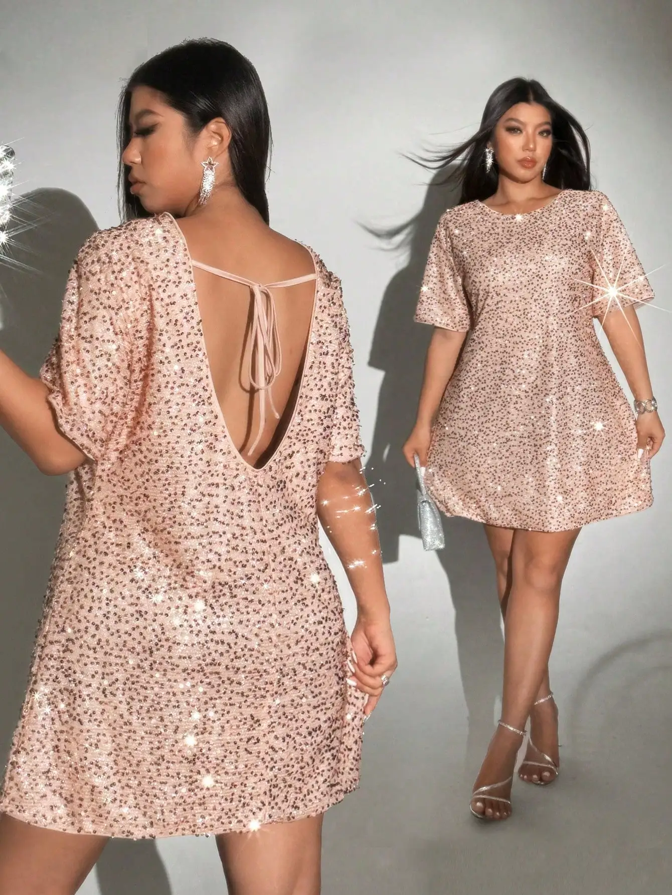 Sukienka mini plus size z cekinami, okrągłym dekoltem, wiązanym dekoltem na plecach i krótkimi rękawami, idealna na imprezę.