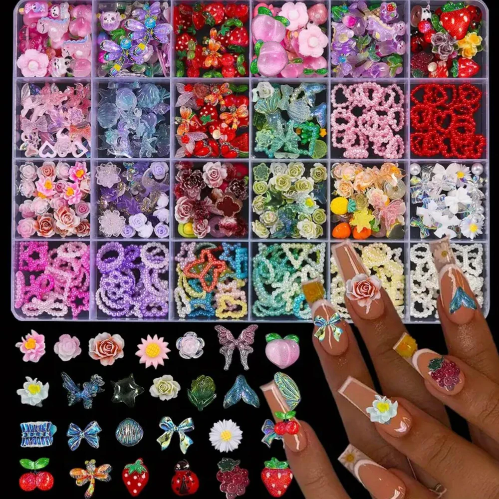 12/24 กริดผีเสื้อดอกไม้โบว์เล็บ Charms ผสมเรซิ่น Flatback เล็บ Rhinestones ไข่มุกอัญมณีสําหรับเล็บออกแบบ DIY หัตถกรรม