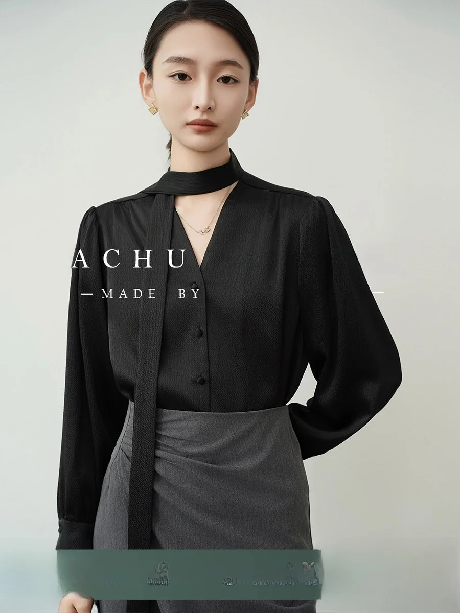 

Achu Ele Bla Satin irt Women's Draped Neline Office Commute OL Top Straight Cut Long Sve Button down Pure Color