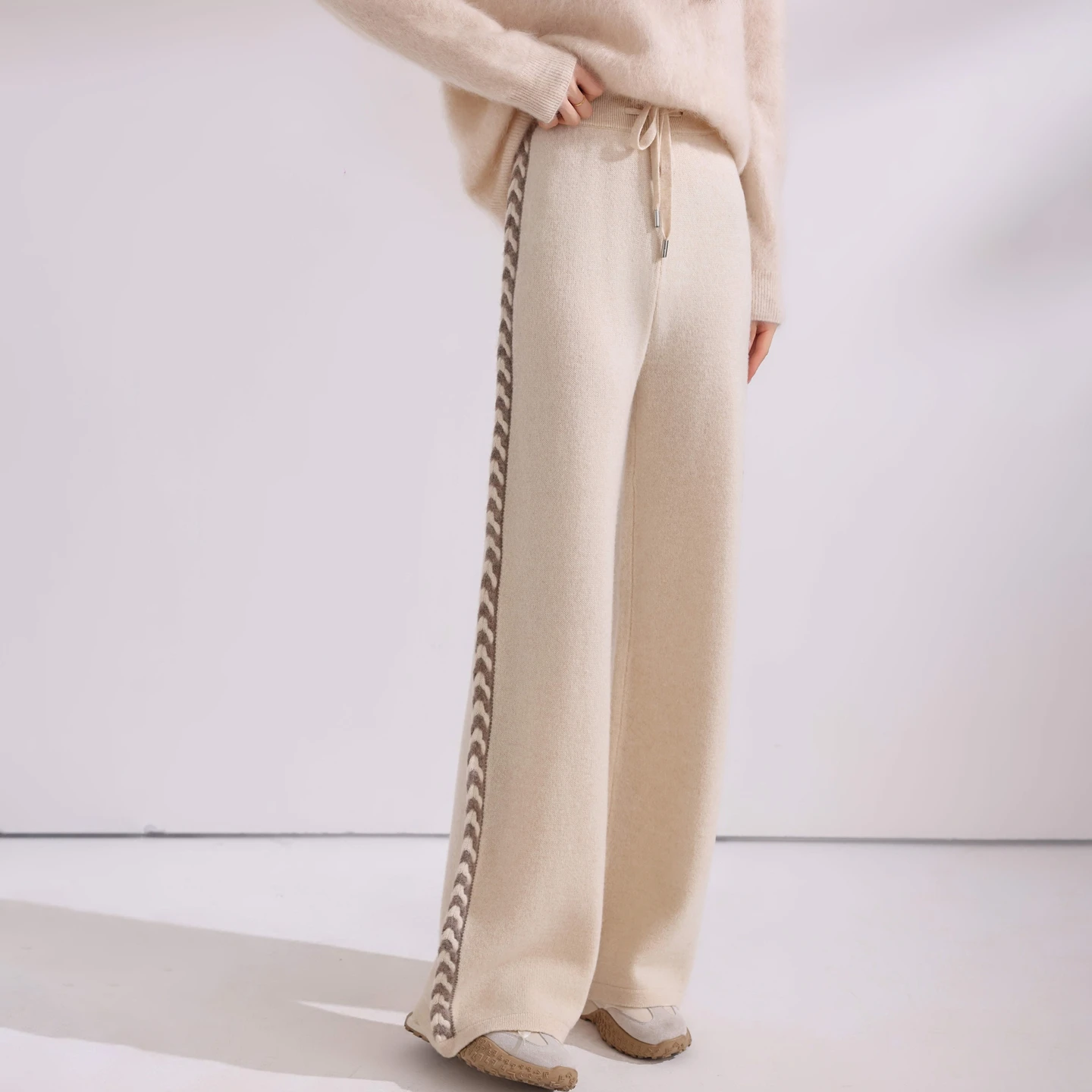 FRSEUCAG  New 100% Australian wool women's wide leg pants, color blocked knit, autumn and winter warm women's long wool pants