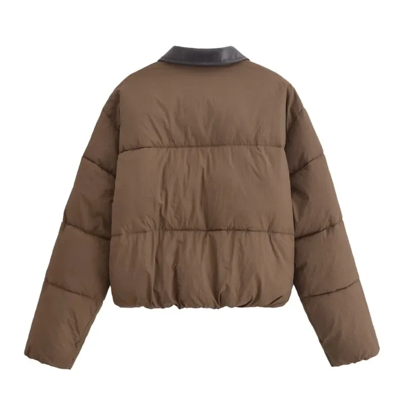 เสื้อโค้ทผ้าฝ้ายบุหนานุ่มสไตล์เรโทรสีสันตัดกันสำหรับผู้หญิง ฤดูใบไม้ร่วง/ฤดูหนาว 2025 ให้ความอบอุ่น สวมใส่สบายๆ