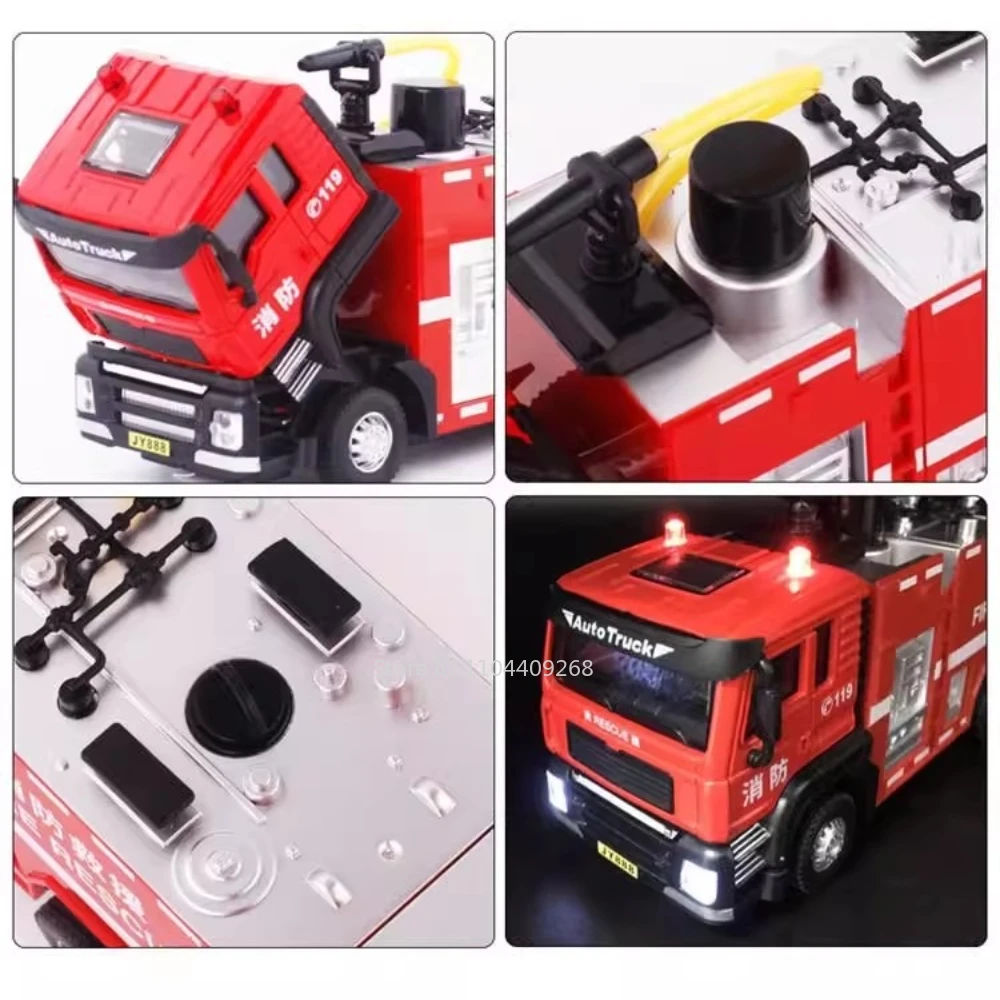 Modelo de coche de bomberos a escala 1:50, juguete de Metal fundido a presión, luz de pulverización de agua, sonido, modelos de vehículos de ingeniería, regalos para niños