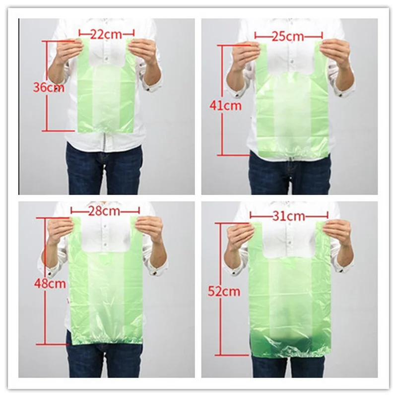 100pcs/pack Green Plastic Bag Supermarket Carry Out Bag Disposable Vest Bag with Handle Kitchen Living Room Clean Food Packaging