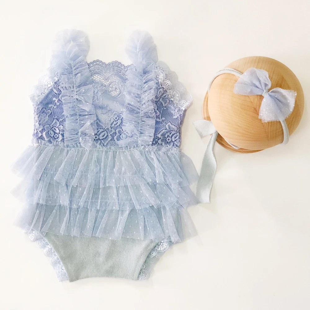 Ruffle Newborn Girl Romper with Lace Trim Headband Baby Photography Props White Infant Lace Dresses Newborn Girl Photo Outfit