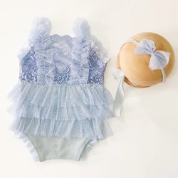 Ruffle Newborn Girl Romper with Lace Trim Headband Baby Photography Props White Infant Lace Dresses Newborn Girl Photo Outfit