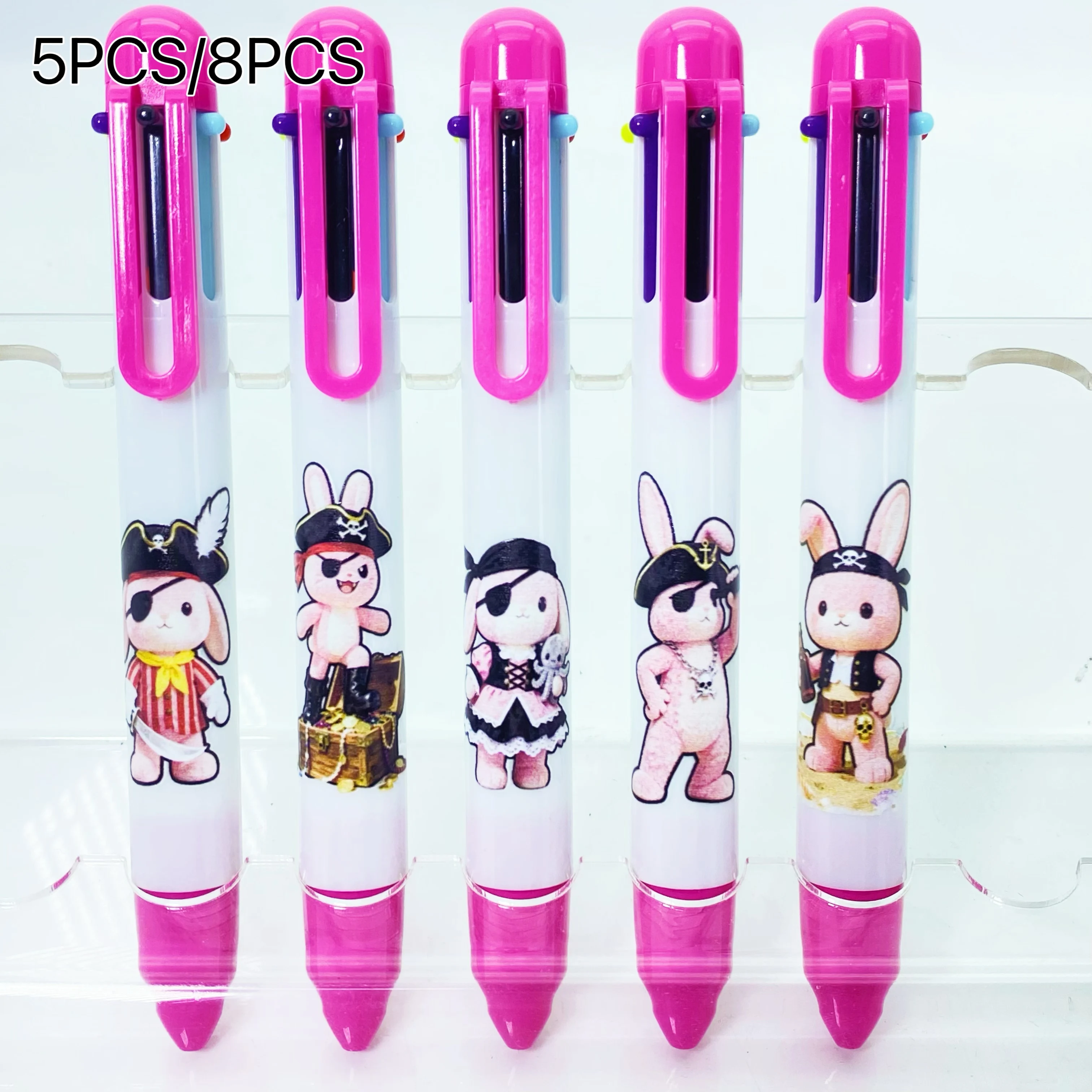 

5PCS/8PCS Pink Pirate Rabbit Multi-color & Six-color Ballpoint Pens Student Writing Markers Creative Stationery Set