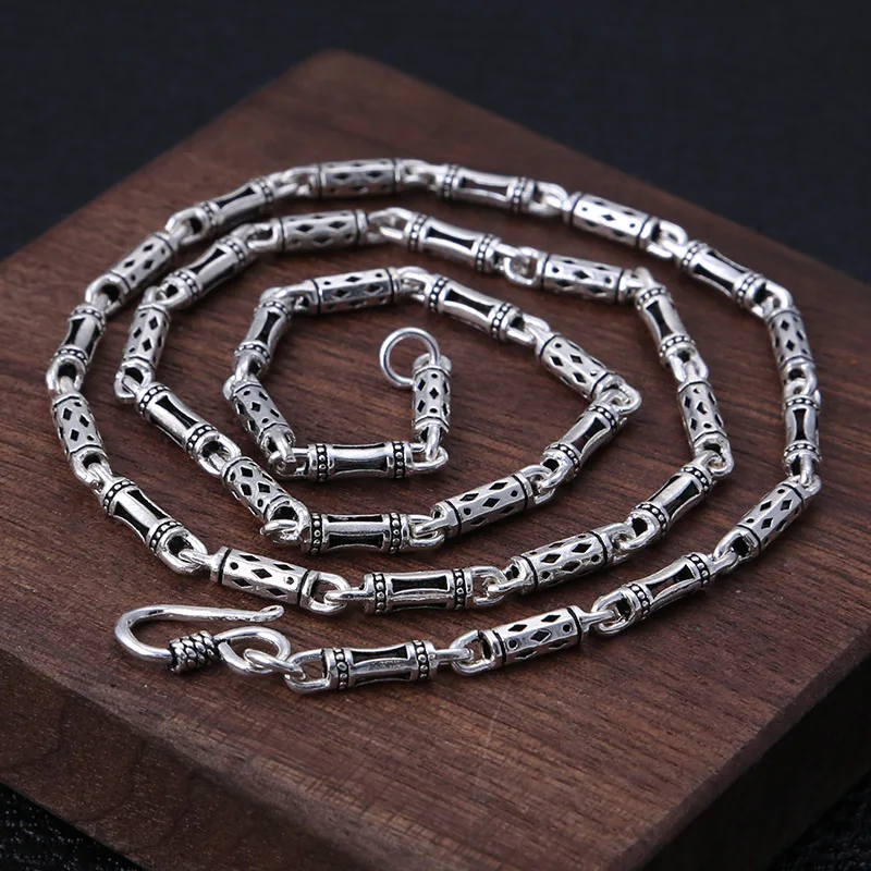 Pure S925 Sterling Silver Retro Thai Silver Custom Made Handmade Bamboo Bucket Beads Classical Chain Necklace Men Women Jewelry